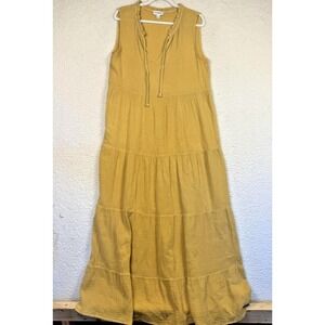 Evereve Dress Large Mustard Sleeveless Maxi Boho Tiered Ruffle Lightweight